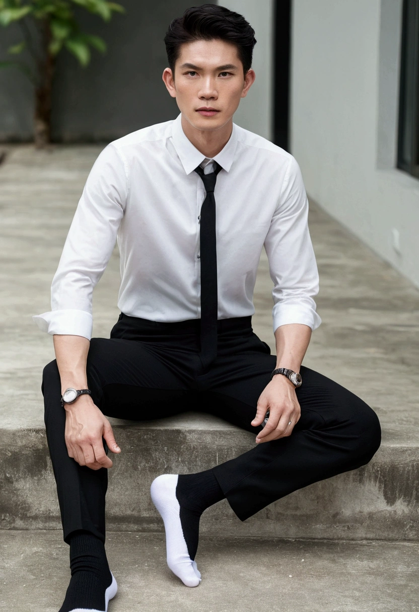 man,Thai,handsome,white skin,Stationary face,black pants,Plain white shirt,black bite needle,white socks