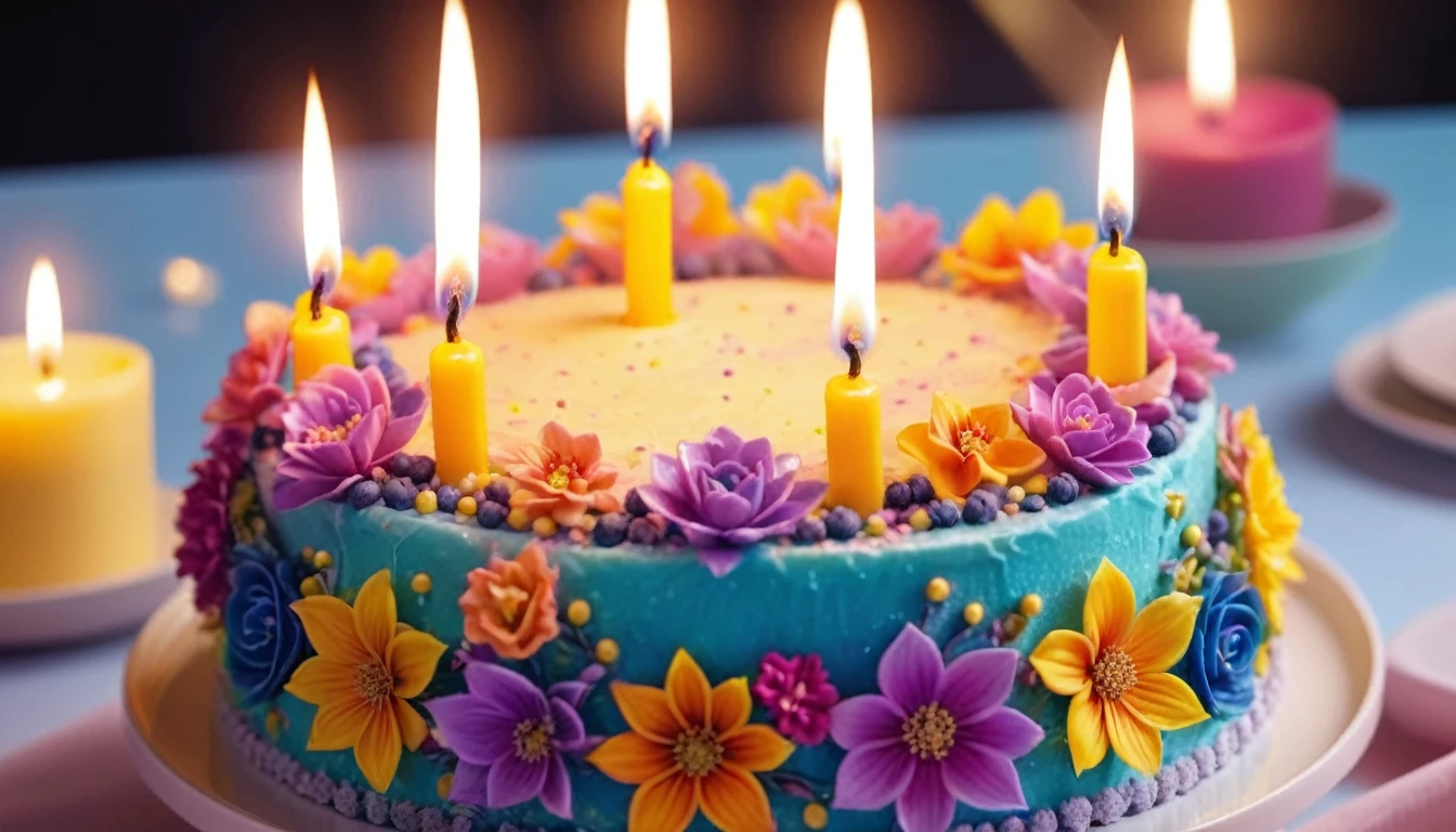 sparkling candles on cake, colorful, beautiful detailed cake with intricate designs, highly detailed frosting, delicate flowers and decorations, glowing warm lighting, soft focus, photorealistic, 8k, high quality, masterpiece, vibrant colors, cinematic lighting