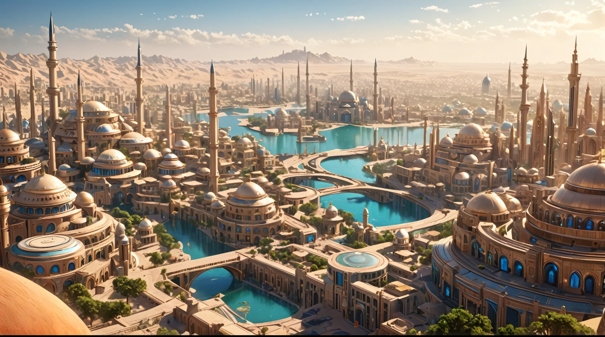 masterpiece, best quality, good quality, Fantasy aesthetics, Highly detailed, beautiful landscape, Futuristic fantasy city, metropolitan, background only, no other being (human etc), futuristic middle east fantasy city, very detailed CG unified 8k wallpaper), clay texture, clean background, natural light, best quality, ultra detail
