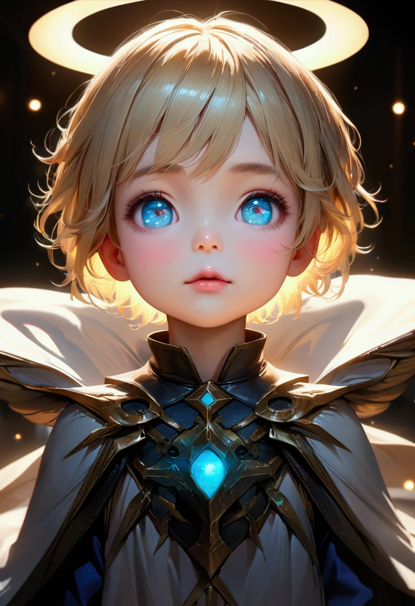 a blonde boy, beautiful detailed eyes, blue eyes, beautiful detailed lips, extremely detailed eyes and face, very short hair, adorable, cute, innocent, glowing skin, soft lighting, 4k, 8k, highres, masterpiece, ultra-detailed, photorealistic, HDR, UHD, studio lighting, ultra-fine painting, sharp focus, physically-based rendering, extreme detail description, professional, vivid colors, bokeh, ethereal, serene, peaceful, warm lighting, glowing halo,