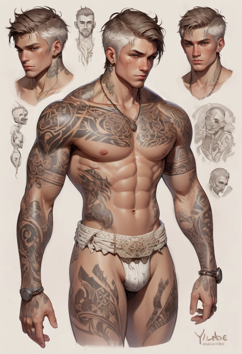 character design sheet by Yliade, best quality, masterpiece, Representative work, official art, Professional, Ultra intricate detailed, 8k, male, with white and brown short hair, tribal tattoo, naked chest, hot dude