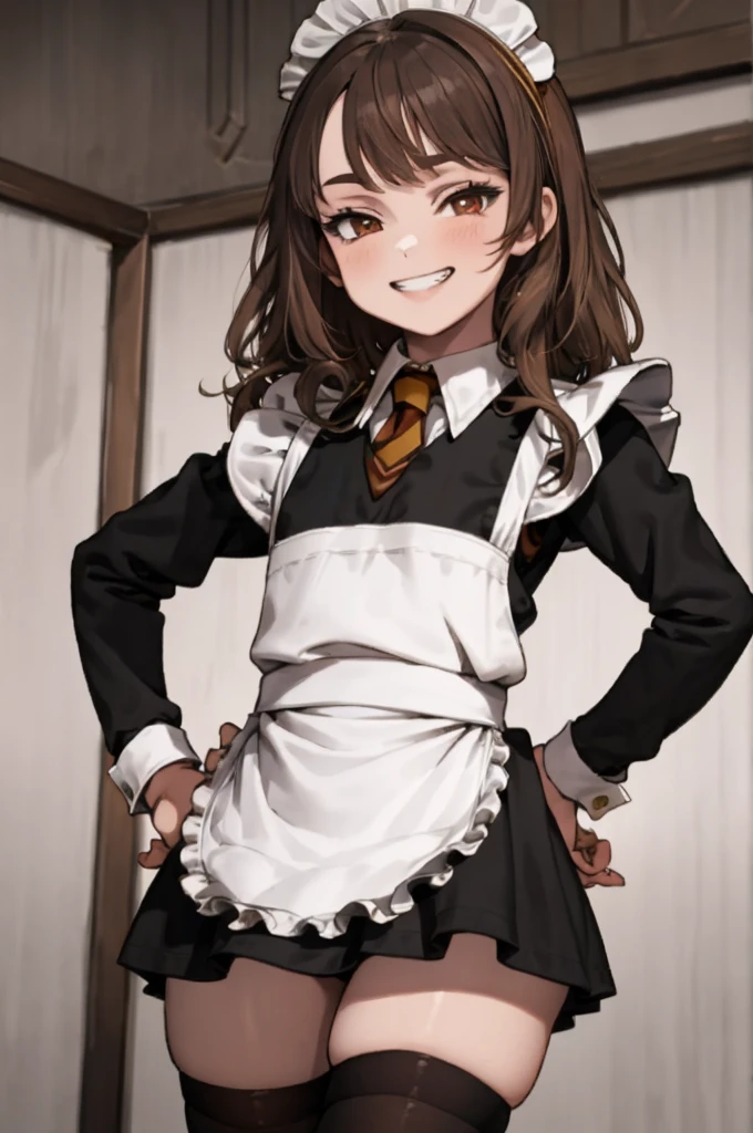 masterpiece,  look at viewer, 1girl, solo, ,  , brown hair, long hair, Hermione Granger,(((maid costume))),miniskirt,thighhighs,grin