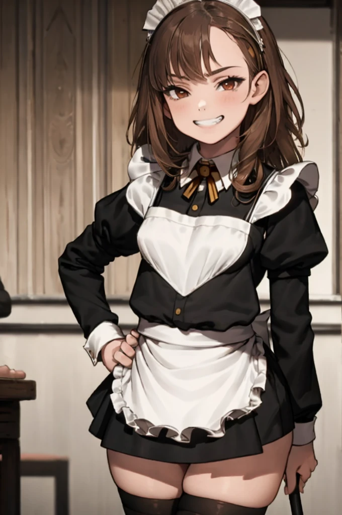 masterpiece, look at viewer, 1girl, solo, , , brown hair, long hair, Hermione Granger,(((maid costume))),miniskirt,thighhighs,grin