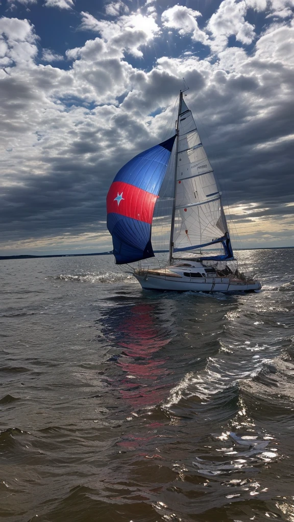 There is a sailboat with a red and blue sail. The sail has a yellow pentagonal star in the red part., the white candle is smooth and whole, In water, photo taken from very far away, Treading in very turbulent waters, there is a wave that is about to break, Round about to start, the sailboat goes very very fast, dejando estela In water, He's on an old sailboat, torn Cloth, Cloth, captured on iphone, Seen in Profile from very far away, in the arch, taken on iphone 14 pro, shot from very far away