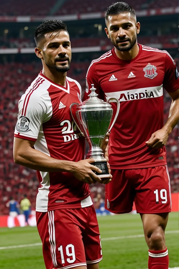 Generate a with a red and white shirt and say chivas and have a trophy and the chivista has a title