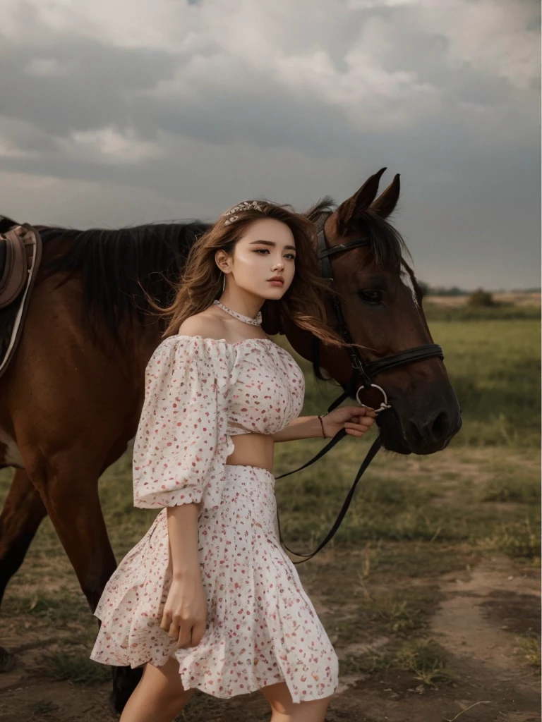 T-shirt,pleated skirt,put hands behind head,large breasts,cool face,medium hair,outdoor