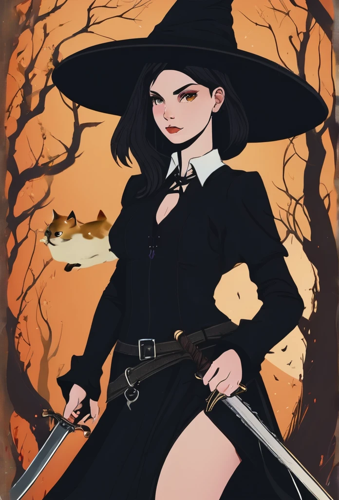  "Girl corpo inteiro witch with sword and dark style com gato