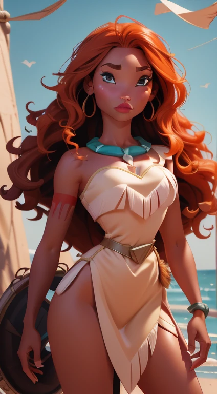 Fusion Pocahontas-Merida, Merge models, Les vêtements de Pocahontas, fusion, 1fille, beau, personnage, Femme, femelle, plage, (centerpiece:1.2), (best quality:1.2), (seul:1.2), ((pose de combat)), ((champ de bataille)), Cinematic, yeux parfaits, peau parfaite, perfect lighting, sourir, light, cor, textured skin, Detail, Beauty, merveille, ultra-Detaillé, Visage parfait African American woman.