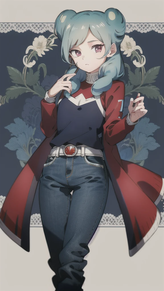 masterpiece,best quality,double bun, dark blue shirt,red jacket,whire jeans