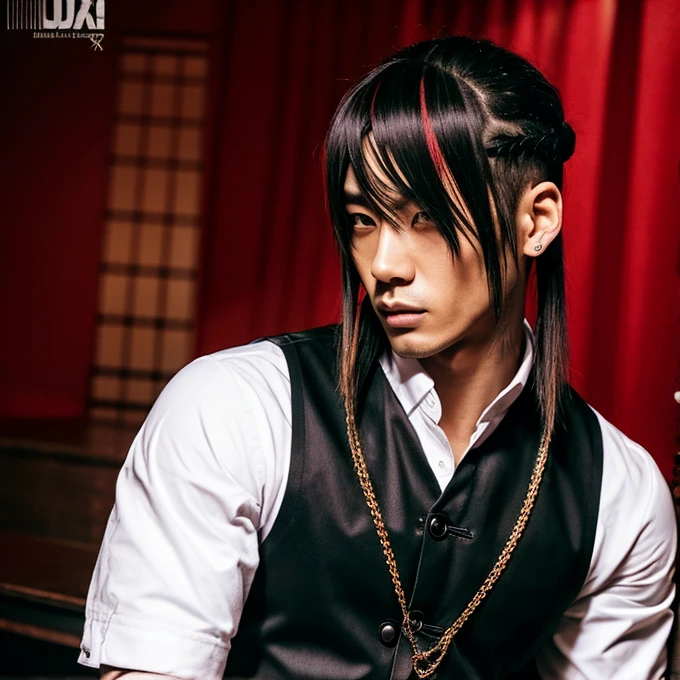1 man, Japanese man, male, Asian eyes, muscular, broad shoulders, yakuza tattoos, hairstyle Visual Kei style, hair Visual Kei, black men's shirt and black pants, ultra detailed face, hyperrealistic, realistic representation, long hair, long hair, 30 years old, age 30 years, blond, blonde hair