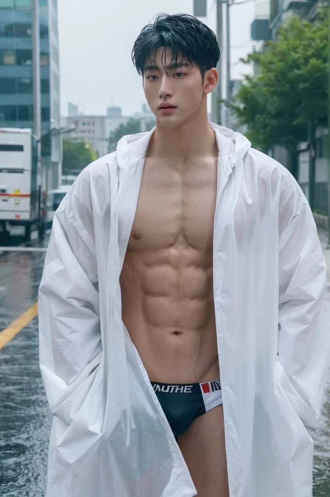 (best quality:1.4), (ultra highres:1.2), (photorealistic:1.4), (8k, RAW photo:1.2), Realistic handsome Japanese guy, muscle, fit, 18 years old, shirtless, topless, wear white jockstrap, bedroom, wet body, outdoor, raincoat, rain day, rain, on street in the city