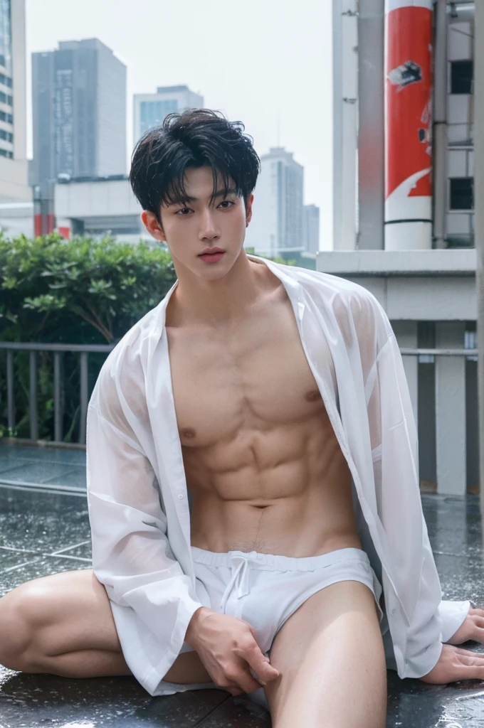 (best quality:1.4), (ultra highres:1.2), (photorealistic:1.4), (8k, RAW photo:1.2), Realistic handsome Japanese guy, muscle, fit, 18 years old, shirtless, topless, wear white jockstrap, bedroom, wet body, outdoor, raincoat, rain day, rain, on street in the city