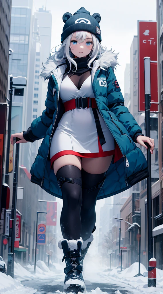 Snow witch,bear beanie,blue eyes,white hair,blue snow boots,puffy jacket,GtsGiga,Rampage,cityscape, solo,1girl,ski gogglesfur trimmed winter jacket,snow,blizzard,winter wonderland,Gtscity,obscured by the fog,giantess art, meduim bosom,matutre woman