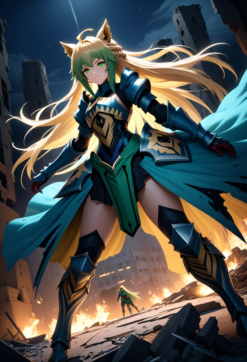 (masterpiece, top quality, best quality, beautiful and aesthetic:1.2), full body, SFW, extremely detailed, detailed face and eyes, cinematic light, depth of field, 1girl, seducing smile, solo, official, (full armored knight:1.4), atalanta fate, blonde with green hair, long hair, slim body, cinematic lighting, dramatic lighting, dramatic atmosphere, hyper-realistic, high resolution, stunning contrast, high quality, best quality, 8k, 4k, intricately detailed, (amazing details:1.2), highly detailed skin, powerful presence, vibrant colors, (detailed eyes:1.2), striking eyes, (detailed background), (warzone on background, night, ruins), (dynamic angle:1.2), (dynamic pose:1.2)