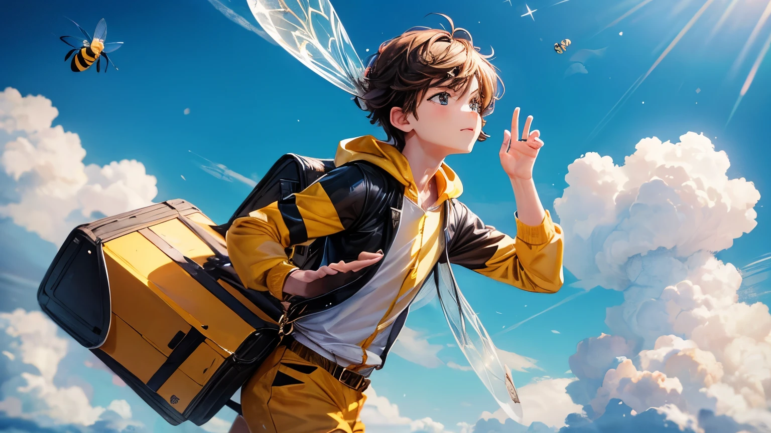 Boy dressed as a bee, Monstanhas, Flying hair
