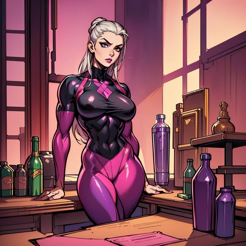 (1girl, alone, alone), (Mortal Kombat 11: Aftermath, elegant and flawless face, Sindel, gray hair, Sidel hair, long hair pulled back, long hair slicked back, multicolored hair, imposing expression, air of superiority, glamorous , arrogant), ((alone, (1 woman, pink lipstick, black eyes), extremely detailed, soft ambient lighting, 4k, perfect eyes, a perfect face, perfect lighting, the 1girl)), ((fitness,, shapely body, athletic body, toned body)), ((red outfit, gym outfit, lycra jumpsuit, dark red lycra bodysuit, hot pink lycra pants, white sneakers, red leotard, marble floor, bar, counter, drinks, bottles, painting, gold jewelry, sapphires, amethysts))