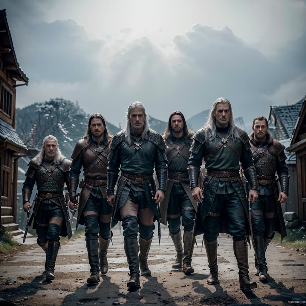 a highly detailed portrait of Geralt of Rivia with his sword, standing alongside Eskel, Lambert, and Vesemir, in a 4K quality image, set against the background of the Wolf School, with the wolf symbol prominently featured, cinematic lighting, dramatic pose, masterfully painted, photorealistic, hyper detailed, vibrant colors, sharp focus