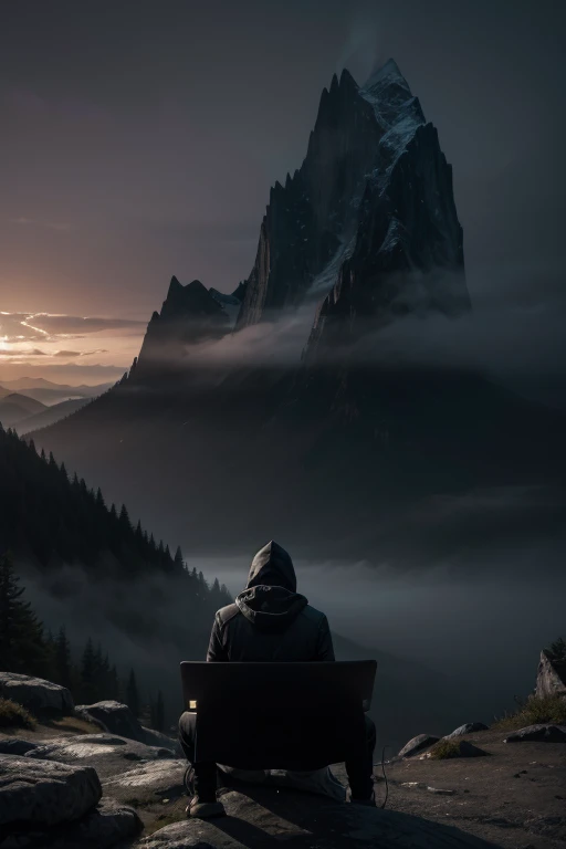 A person sitting backwards, playing on a computer in a mysterious and epic environment. The image should maintain the dramatic mood with misty mountains in the background and dramatic lighting. The person must be wearing the same clothes and have the same posture, but now backwards, concentrated on a laptop screen that emits a soft glow