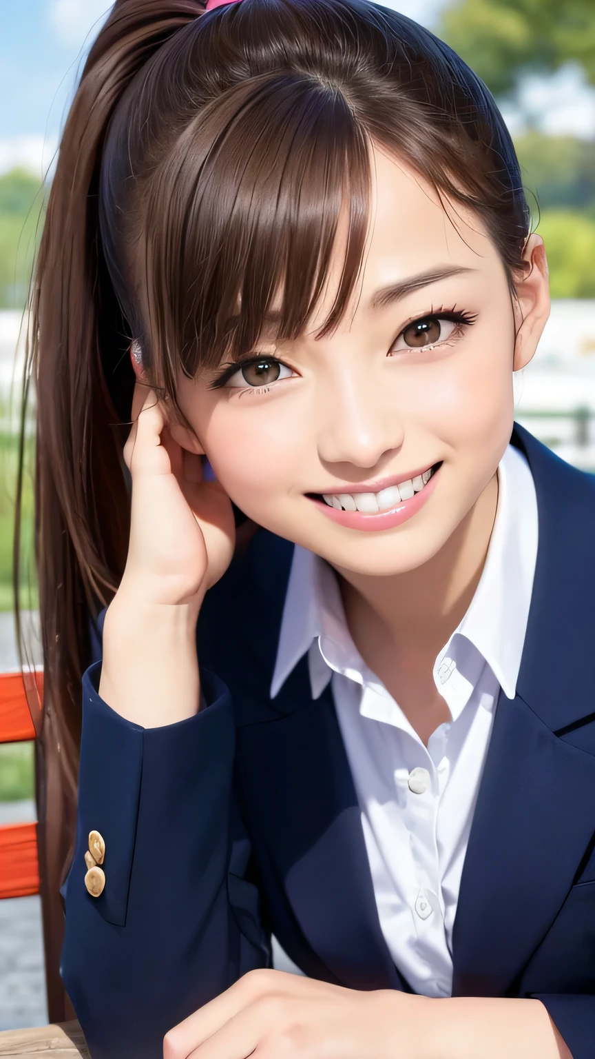 (Highest quality、8K、32k、masterpiece)、(Realistic)、(Realistic:1.2)、(High resolution)、Very detailed、Very beautiful face and eyes、２０Adult female years old、Round and small face、Tight waist、Delicate body、(Highest quality、Attention to detail、Rich skin detail)、(Realistic、Realistic:1.37)、Bright colors、(((Brown Hair)))、(((Full Body Shot)))、(((Long Hair)))、(((Side Ponytail)))、(((Daytime park background)))、(((smile)))、(((Teeth are visible)))、(((Wearing school uniform)))、(((Touch your chin with your right hand)))、Kanna Hashimoto、Navy blue blazer、high school girl、Checked mini skirt