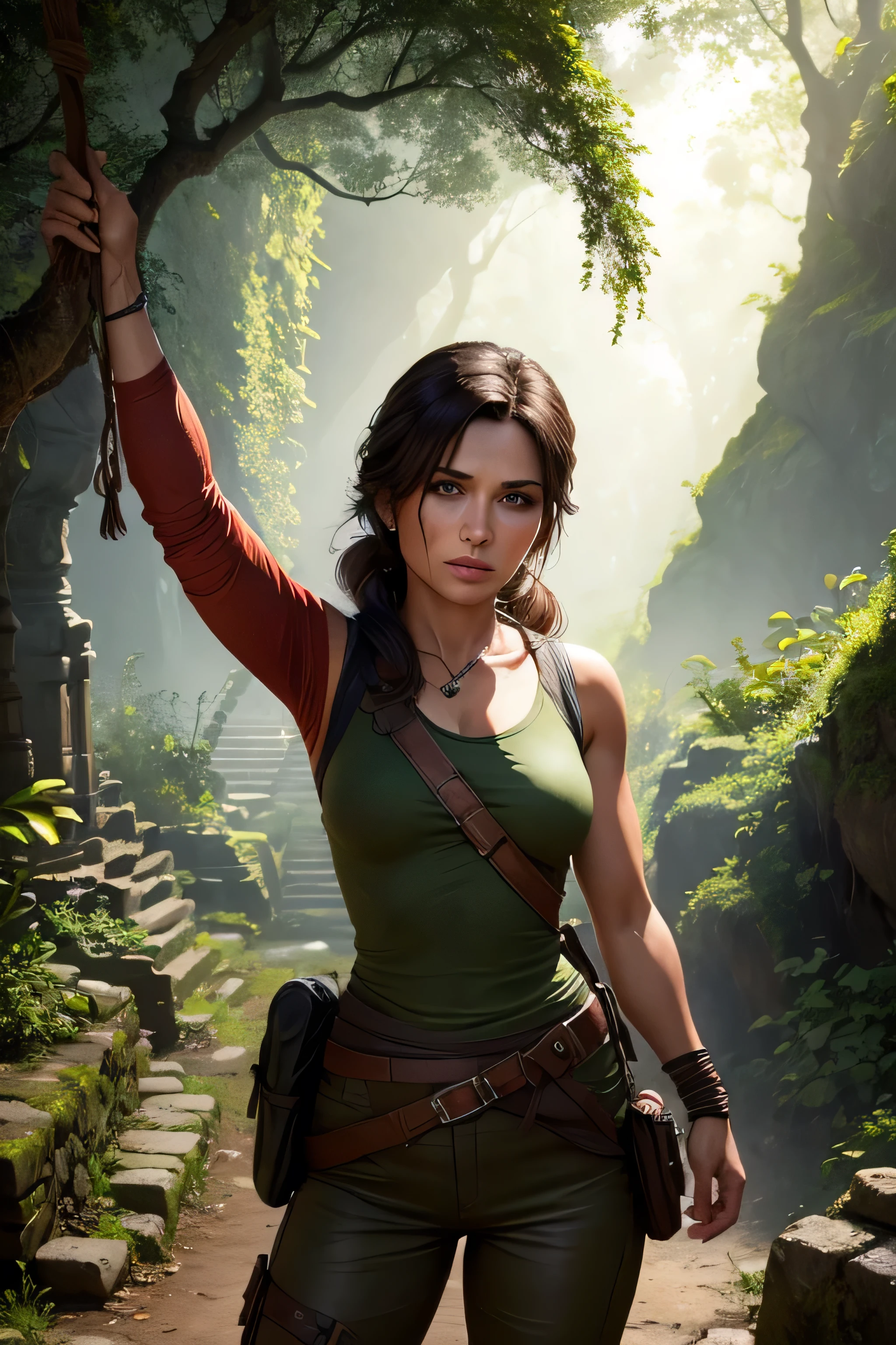 Lara Croft stands on an ancient stone pathway, holding an ancient secret old broken map. In the background behind her are weathered temples risen from the dense greenery, their stone structures partially covered in vines and moss. The sky above is clear, allowing rays of sunlight to pierce through, illuminating the mist that hangs in the air. Nearby, there is a small village with thatched-roof huts and people engaged in various activities, suggesting a thriving, secluded community. DLSR, sharp focus, soft lighting, masterpiece, perfect face, ultra detailed face, perfect brown eyes, beautiful face, photorealistic, 8k, masterpiece, Lara is wearing a dark grey shirt and dark black pants, Lara is looking towards the camera