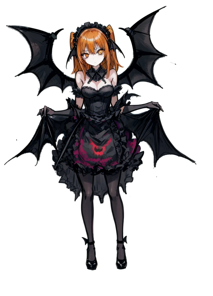 1girl, orange eyes, yellow-orange hair, succubus, maid, bat wings, beautiful clothes , (high resolution, high detail, best quality) , medium breasts, calm