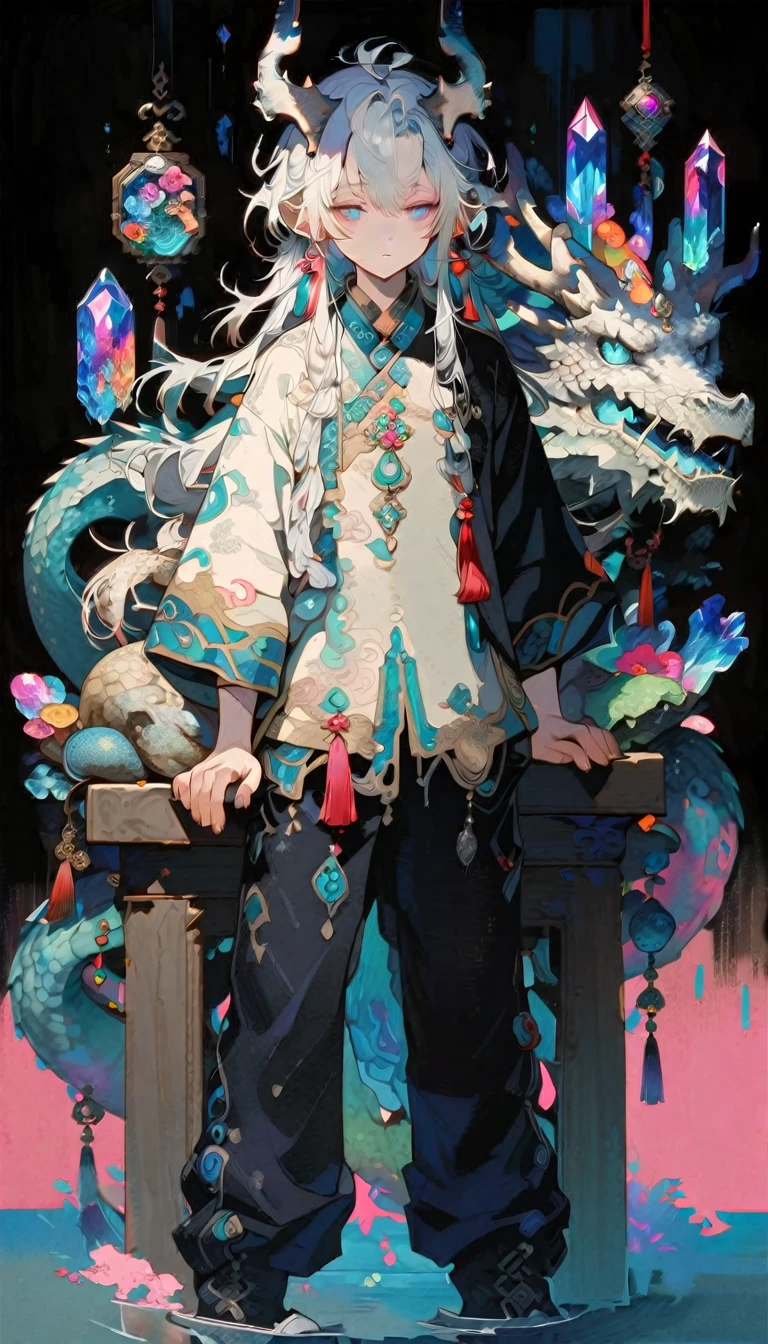 work of art, male focus, 1  boy, lonely, near a lake, fully body, White hair, tassel aretes, tassel, jewerly, aretes, black backdrop, blue colored eyes, dragon horns, long hair, Crystal, borboleta, trunk,  colored hair，Pearly Pink.