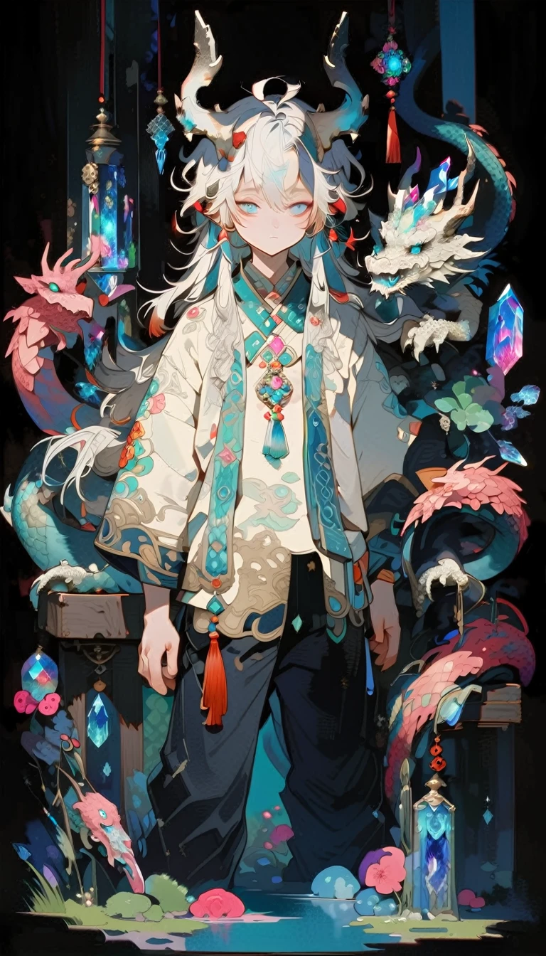 work of art, male focus, ung boy, lonely, near a lake, fully body, White hair, tassel aretes, tassel, jewerly, aretes, black backdrop, blue colored eyes, dragon horns, long hair, Crystal, borboleta, trunk, colored hair,Pearly Pink.
