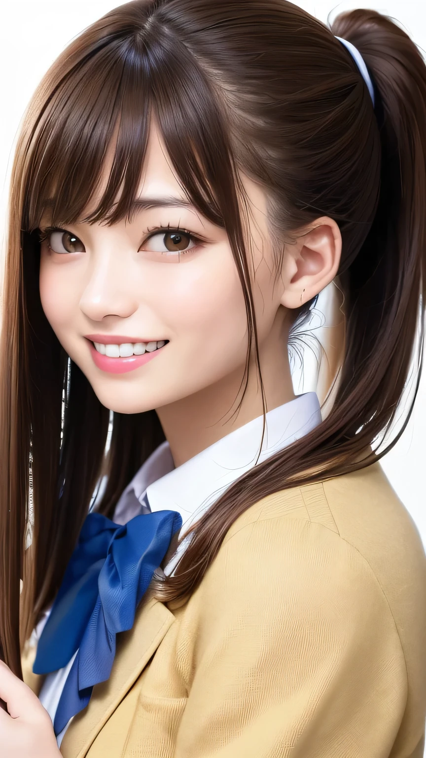 (Highest quality、8K、32k、masterpiece)、(Realistic)、(Realistic:1.2)、(High resolution)、Very detailed、Very beautiful face and eyes、20Adult female years old、Round and small face、Tight waist、Delicate body、(Highest quality、Attention to detail、Rich skin detail)、(Realistic、Realistic:1.37)、Bright colors、(((Brown Hair)))、(((Full Body Shot)))、(((Long Hair)))、(((Side Ponytail)))、(((Daytime park background)))、(((smile)))、(((Teeth are visible)))、(((Wearing school uniform)))、(((Touch your chin with your right hand)))、Kanna Hashimoto、Navy blue blazer、high school girl、Checked mini skirt