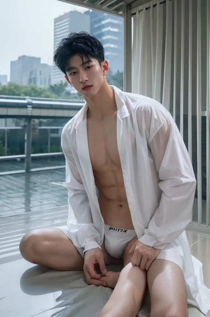 (best quality:1.4), (ultra highres:1.2), (photorealistic:1.4), (8k, RAW photo:1.2), Realistic handsome Japanese guy, muscle, fit, 18 years old, shirtless, topless, wear white jockstrap, bedroom, wet body, outdoor, raincoat, rain day, rain, on street in the city
