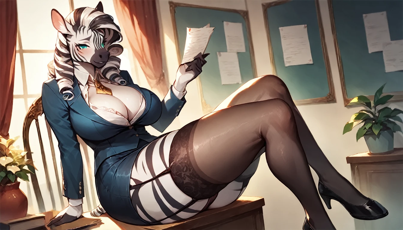 score_9, score_8_up, score_7_up, score_6_up, score_5_up, score_4_up, (solo), female anthro zebra, secretary clothes, skirt, lusty, fluffy body, long curly hair, turquoise eyes, (thick thighs:1.5)((( offering the breasts))) sex partial clothes, (((cleavage))) semi-butonned uniform niform, (barely_visible_booba) (she is sitting) , giant breasts, garter belt tights , showing her panties