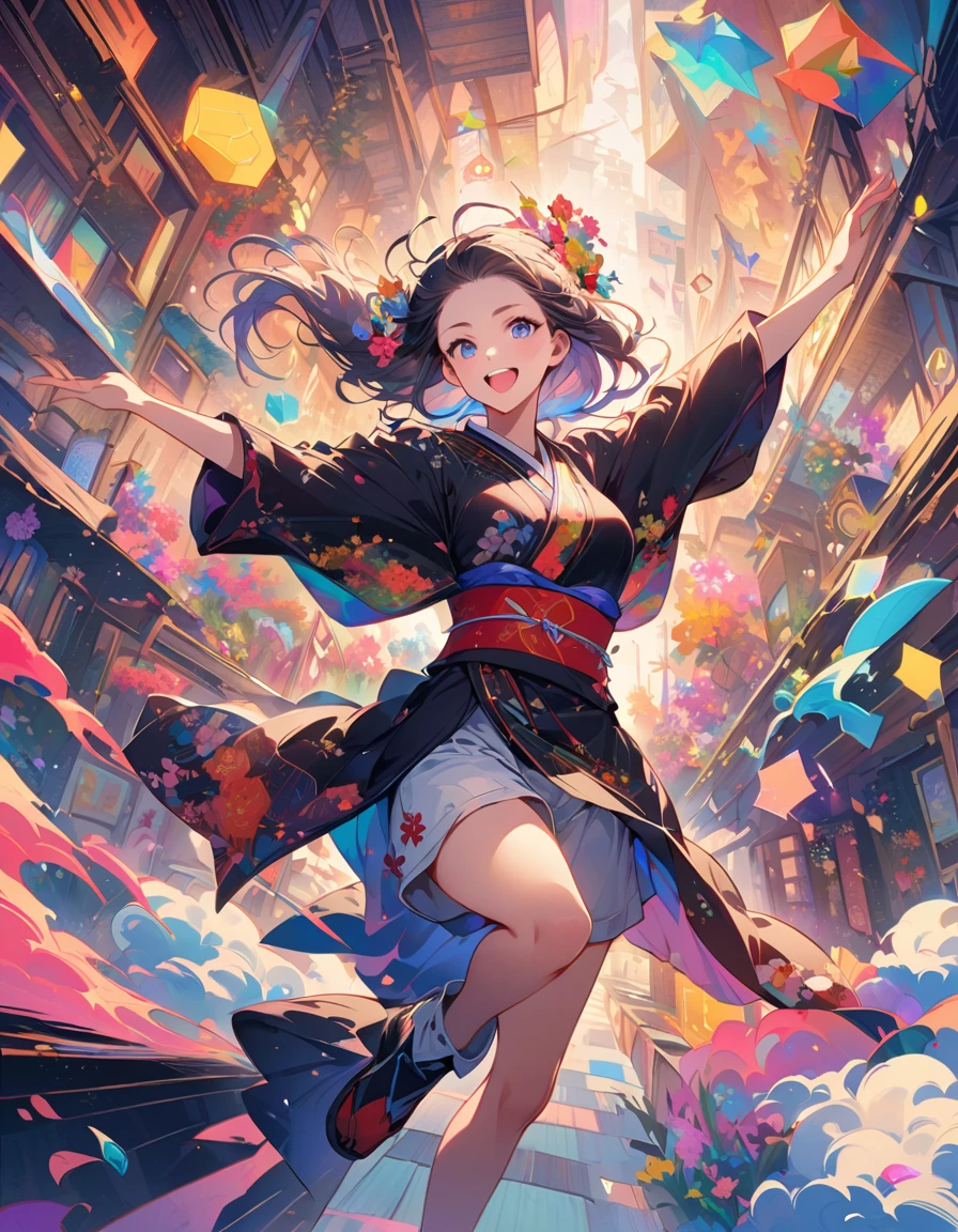 dynamic dancing moves with full of energy and movement, jumping high, full body portrait, happy expression, Japanese festival, with lively action poses, Positive Space, asymmetry, dynamic angle, A detailed illustration of an anime girl with blue eyes wearing a black kimono with Japanese patterns, wearing white cloak white shorts, black tube-top, She has white long hair tied back by a flower hair ornament, with colorful deep blue, black, pink, gold and white colors, surrounded by hexagons with various patterns and textures, Japanese Ancient bridge, happy expression, A black and white checkered pattern background surrounded by hexagons with various patterns in background, floral designs, and geometric shapes, In the background there are some sakura trees., cartoon character design, this is a full body portrait in vibrant colors, colorful illustrations, highly detailed, high resolution, in the style of digital painting, natural lighting, --ar 5:7 --niji 6
