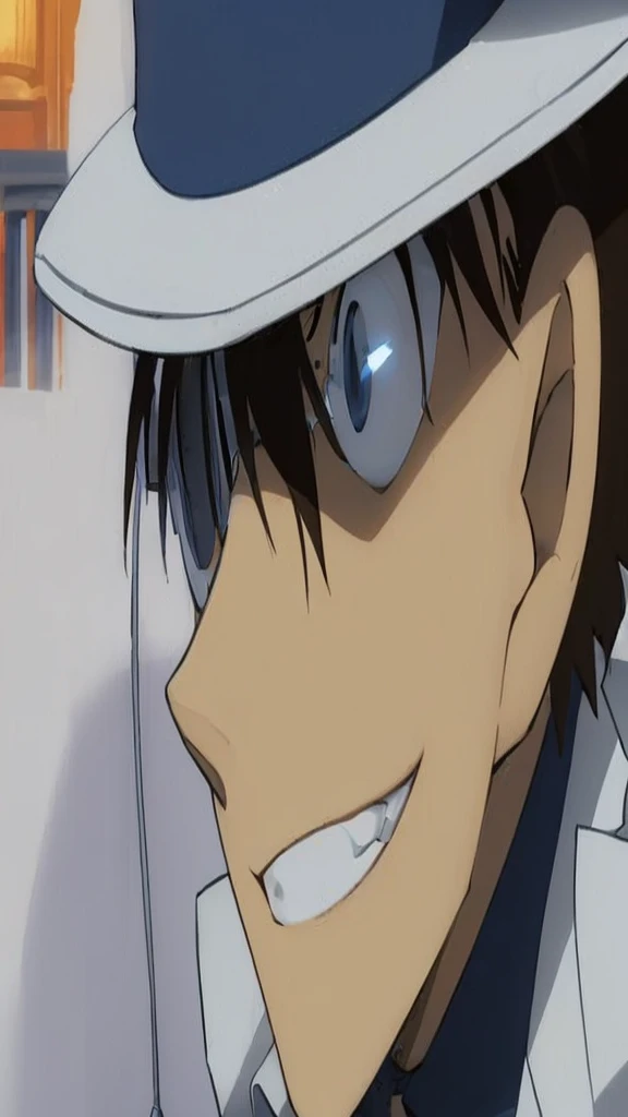 Super detailed,(masterpiece,4K),White suit,silk hat,((1 boy)),Detective Conan: Kaitou Kid,White Cape,White leather shoes,White gloves,rooftop,Moonlit Night,Get down on one knee,glasses,Grin, Place one hand on the ground,Stretch your arms out in front of you,Ready your gun?