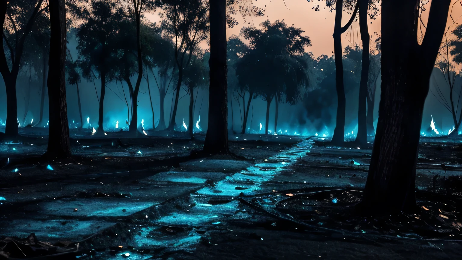 An empty and scary burning ground in an ancient village of india where dead bodies are being burnt. Dark night and scary view. Deep bluish effect