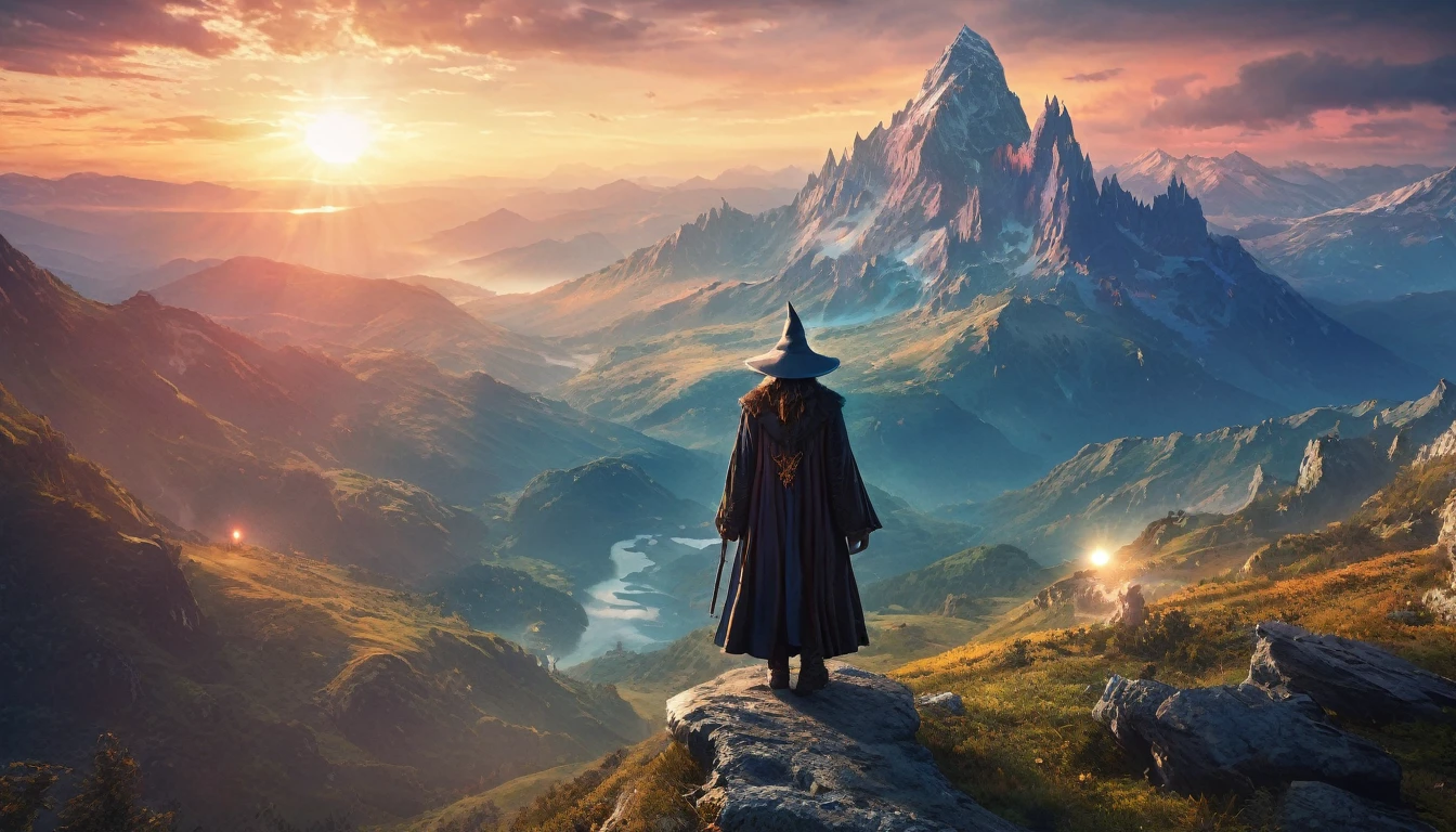 a wizard on top of a mountain, fantasy art, dramatic sunrise landscape, intricately detailed magic effects, vibrant colors, cinematic lighting, digital art, (best quality,4k,8k,highres,masterpiece:1.2),ultra-detailed,(realistic,photorealistic,photo-realistic:1.37)