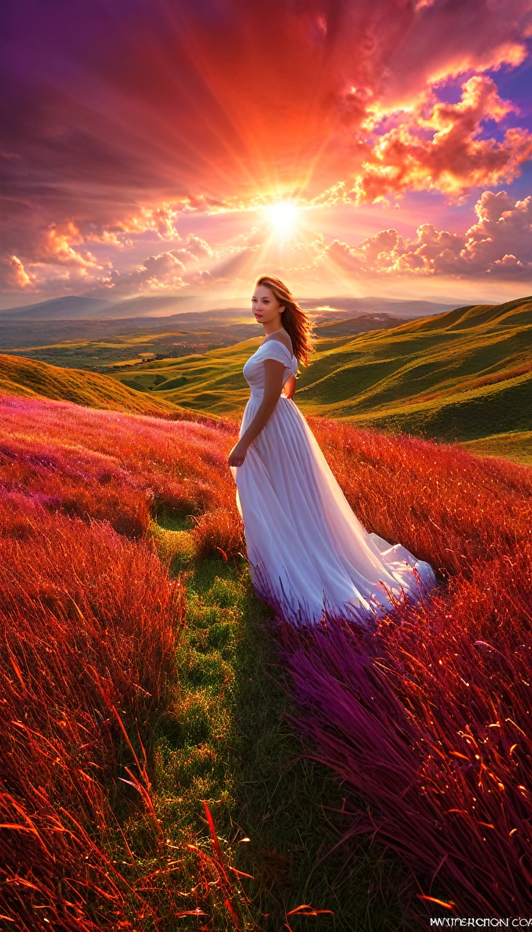 Masterpiece, high quality, 8K Ultra HD. The image shows a female with a sunlight shining from the sky into her and the grassy hill, with a background of vibrant purple sky and the red and orange tones of the sun,((red grass)), fantastic realism, among sunlit heavenly clouds, heavenly clouds, amazing sky, background, wallpaper 8K, modern Digital art wallpaper, landscape wallpaper, amazing wallpaper, high quality wallpaper definition, 4k wallpaper,