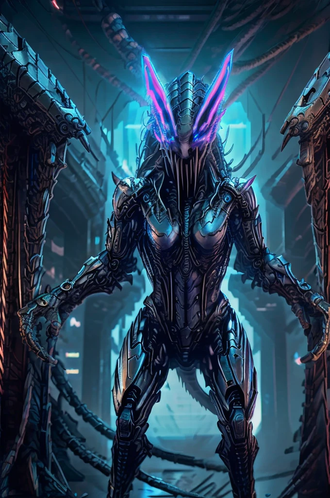 (masterpiece), best quality, detailed, beautiful yet fierce, 1woman, female chimera-human hybrid, humanoid creature, organic and cybernetic fusion, full body, muscular and athletic build, organic tissue visible with mechanical enhancements, bioluminescent veins, mechanical arms and legs integrated with flesh, animalistic features like sharp claws and elongated fangs, feline eyes, sleek metallic armor partially covering organic body, glowing cybernetic eyes, futuristic setting, post-apocalyptic landscape, neon lights, cyberpunk aesthetics, scars and implants, partially exposed muscles, flowing hair with bioluminescent strands, aggressive and poised stance
