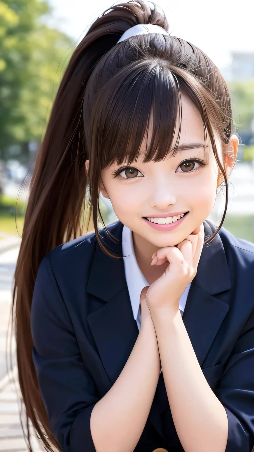 (Highest quality、8K、32k、masterpiece)、(Realistic)、(Realistic:1.2)、(High resolution)、Very detailed、Very beautiful face and eyes、20Adult female years old、Round and small face、Tight waist、Delicate body、(Highest quality、Attention to detail、Rich skin detail)、(Realistic、Realistic:1.37)、Bright colors、(((Brown Hair)))、(((Full Body Shot)))、(((Long Hair)))、(((Side Ponytail)))、(((Daytime park background)))、(((smile)))、(((Teeth are visible)))、(((Wearing school uniform)))、(((Touch your chin with your right hand)))、Kanna Hashimoto、Navy blue blazer、high school girl、Checked mini skirt
