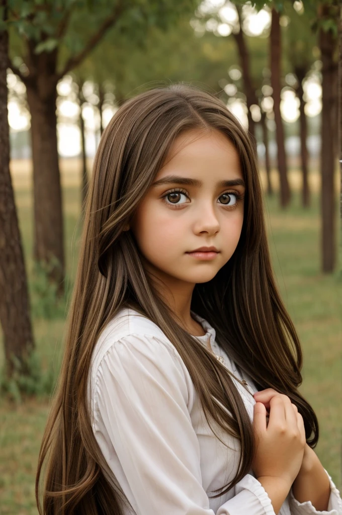 Young girl with long brown hair, big eyes and pretty clothes.. being comforted by Jesus Christ