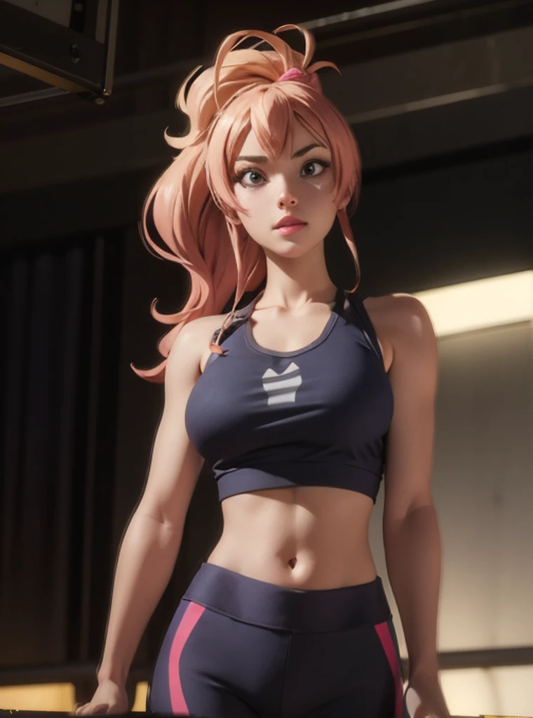 a short sleeveless crop top, tight leggings, beautiful detailed eyes, beautiful detailed lips, extremely detailed face, long eyelashes, fit athletic body, dynamic pose, cinematic lighting, dramatic shadows, vibrant colors, digital painting, photorealistic, 8k, highly detailed, masterpiece