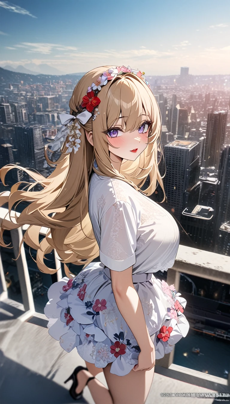 (masterpiece), best quality, ultra-detailed, 1024k UHD wallpaper, ultra-high resolution, depth of field, HDR, (extremely detailed CG 1024k wallpaper), Detailed face, Detailed Clothes, Ultra HD Photo, 1girl, faded gold hair, light purple eyes, red lips, flower hair band, flower shirt, large breast, flower skirt, small heels, city, looking at viewer, (newest anime art style)