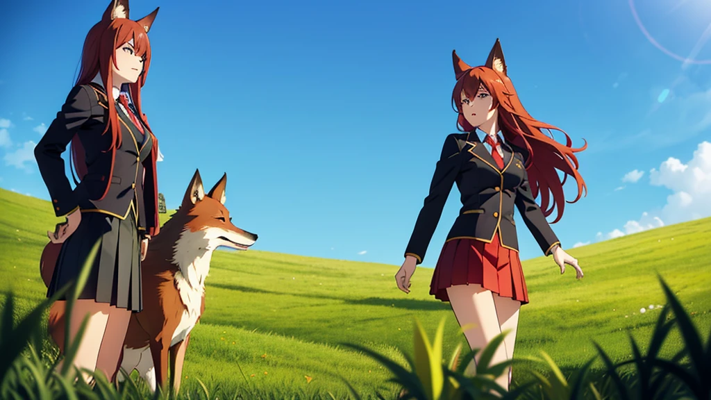 1girl ,20s,mature female,:o,(red hair),long hair,fox ears,(grass,blue sky,),necktie,black jacket, blazer,long sleeves,pleated skirt,from below