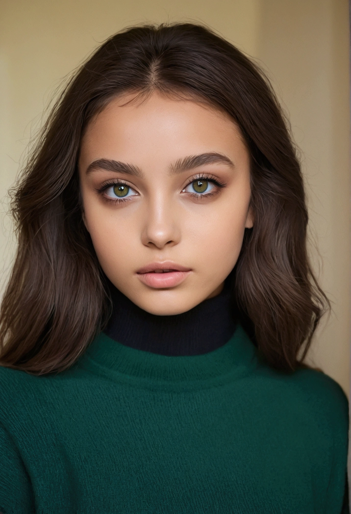 Femme latina  avec un pull ????  aux yeux verts, portrait sophie mudd, cheveux bruns et grands yeux, visage d'une jeune fille Yeux de chambre, violette myers, sans maquillage, Maquillage naturel, Regarder directement la caméra, Visage avec Artgram, Maquillage subtil, Superbe du visage , yeux verts perçants, Bel angle, pose attrayante, fille mignonne,  , Déesse brune, détail élevé, pose satisfaite, Pantalon en cuir