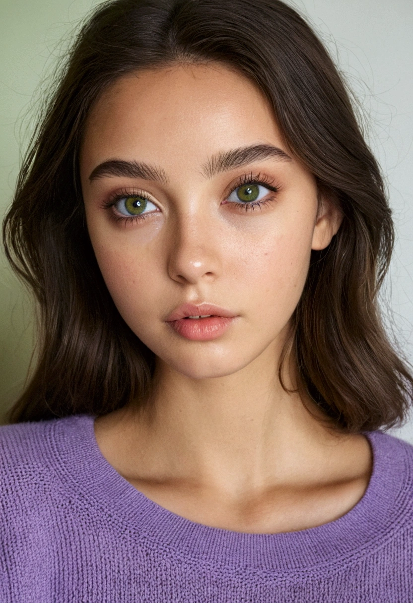 Femme latina  avec un pull noir  aux yeux verts, portrait sophie mudd, cheveux bruns et grands yeux, visage d'une jeune fille Yeux de chambre, violette myers, sans maquillage, Maquillage naturel, Regarder directement la caméra, Visage avec Artgram, Maquillage subtil, Superbe du visage , yeux verts perçants, Bel angle, pose attrayante, fille mignonne,  , Déesse brune, détail élevé, pose satisfaite, Pantalon en cuir