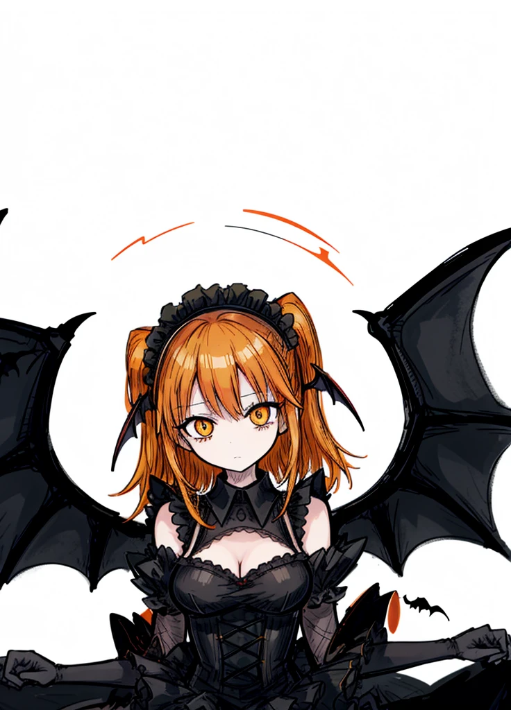 1girl, orange eyes, yellow-orange hair, succubus, maid, bat wings, beautiful clothes , (high resolution, high detail, best quality) , medium breasts, calm
