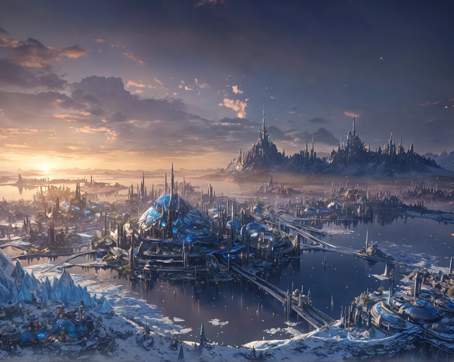 masterpiece, best quality, good quality, Fantasy aesthetics, Highly detailed, beautiful landscape, Futuristic fantasy city in ruin, background only, no other being (human etc), very detailed CG unified 8k wallpaper), clay texture, clean background, natural light, best quality, ultra detail, icy world