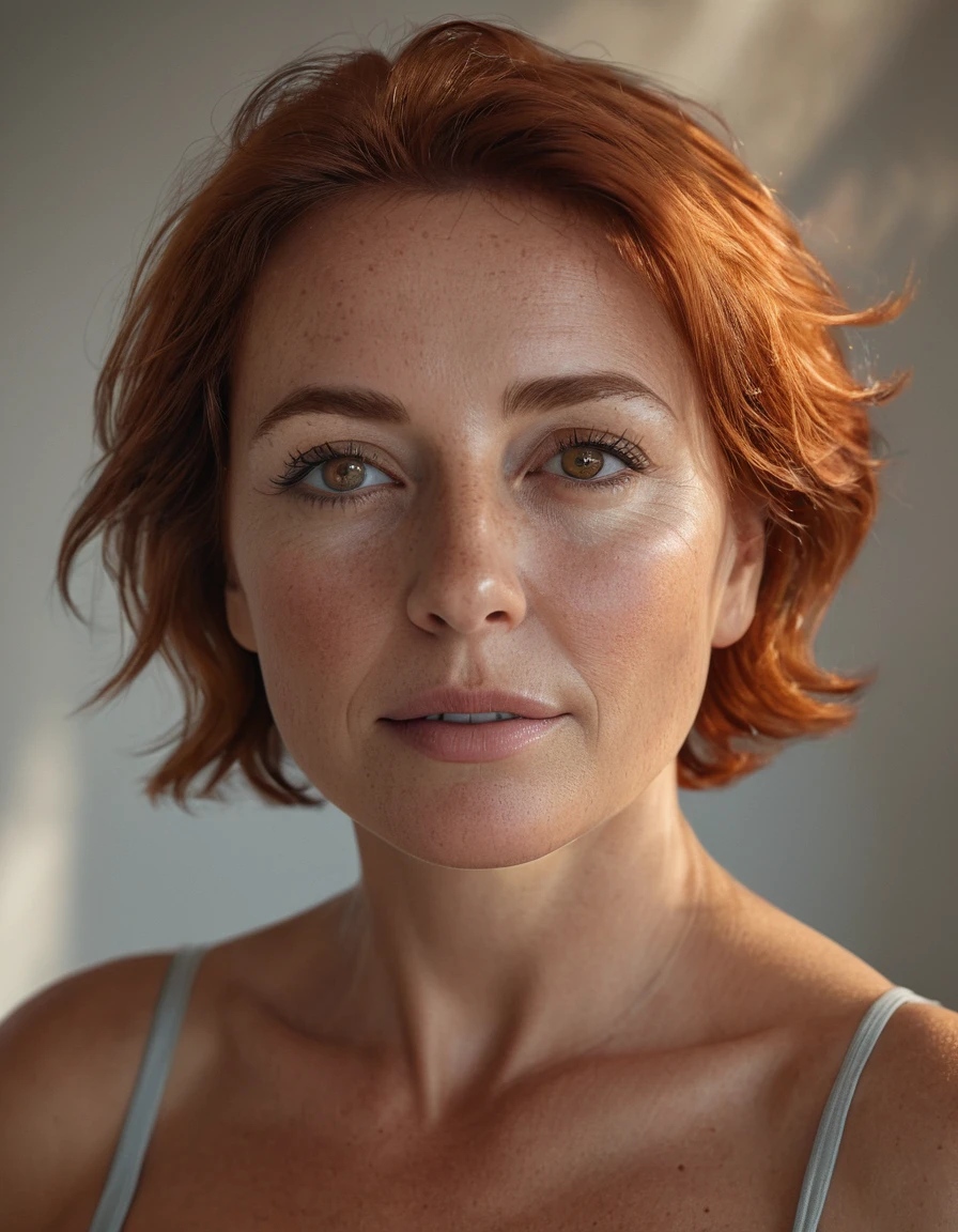 a mature portuguese woman with a large natural chest, short shaved red hair, brown eyes, naked, profissional porn actress, half light beam, ring light background, photorealistic, 8k, extremely detailed, high quality, 1/2 portrait, ((full body)), cinematic lighting, dramatic colors, beautiful skin, detailed features ((consistent character)) ((seed 69))