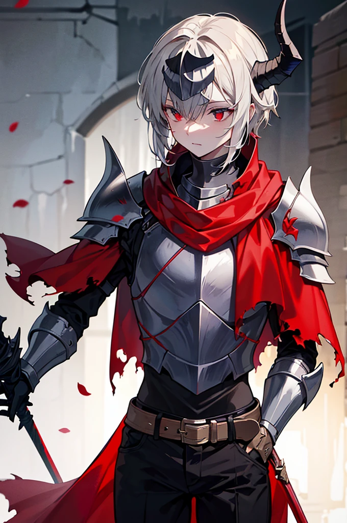 a knight in dark damaged armor with a torn red cape with a horned helmet