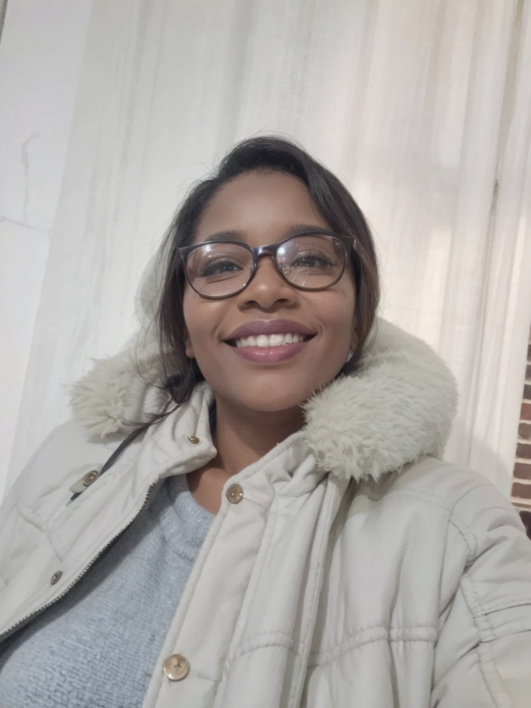 work of art, best qualityer, a black woman with glasses and a scarf, wearing a purple coat and green scarf, stopped not park