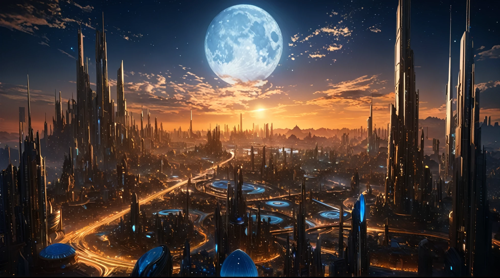 masterpiece, best quality, good quality, Fantasy aesthetics, Highly detailed, beautiful landscape, Futuristic fantasy city, metropolitan, background only, no other being (human etc), very detailed CG unified 8k wallpaper), clay texture, clean background, natural light, best quality, ultra detail, no planet or moon in the middle
