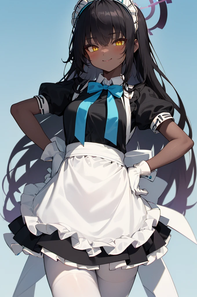 karindef, ((yellow eyes:1.2)), (black hair:1.5),  very long hair, halo, dark skin, 
(((maid,maid apron, frilled apron, apron, maid headdress, white gloves, puffy short sleeves,  blue bowtie, white legwear, ))),(maid:1.3)
1girl, solo, 
looking at viewer, naughty face, smile 